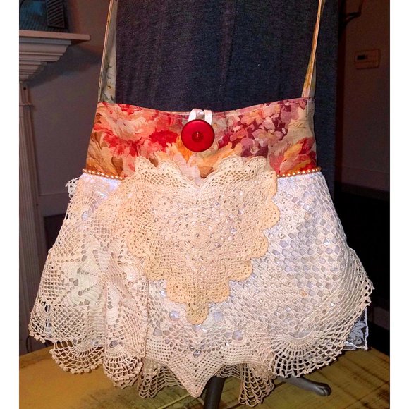 Hand Crafted Handbags - Fabric Crossbody Bag Bohemian Handbag Heart Vintage Crochet Doilies Trim Pearls